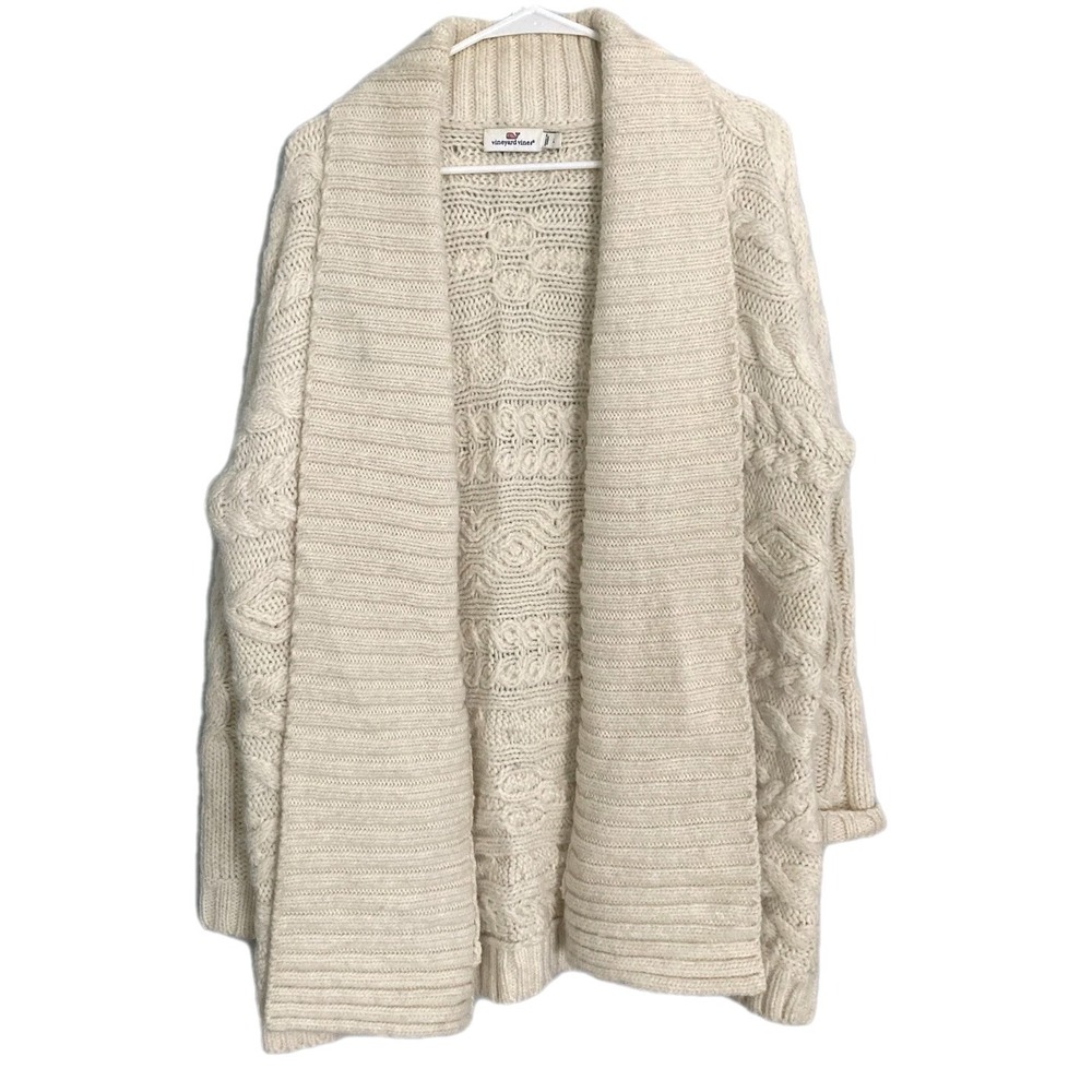 Vineyard Vines Cardigan Sweater Women L White Alpaca Wool Cable Knit Open Front